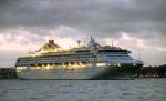 ID 4202 SUN PRINCESS (1999/77441grt/IMO 9000259. Renamed PACIFIC WORLD) arrives soon after dawn in Auckland, NZ on her maiden call.